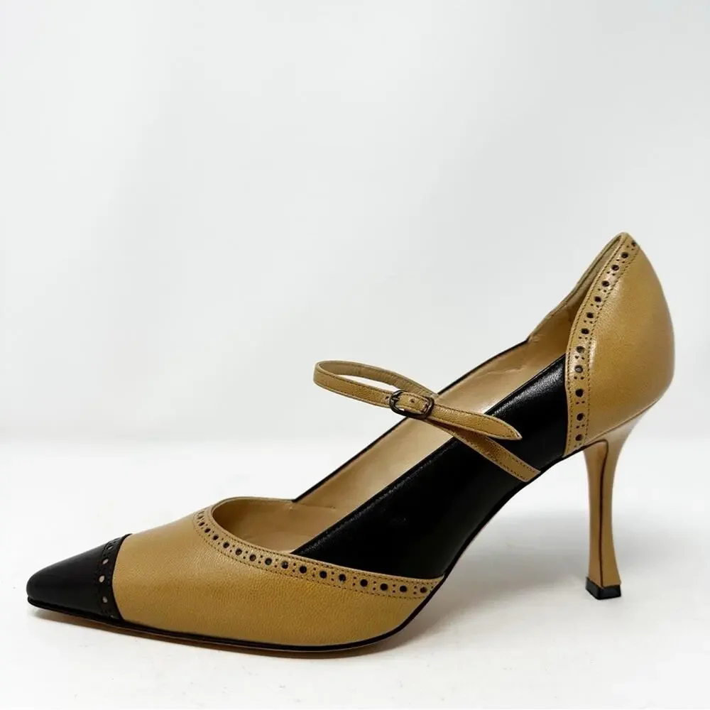 Manolo Blahnik Cap Toe Mary Jane Leather Heels Womens Size EU 39